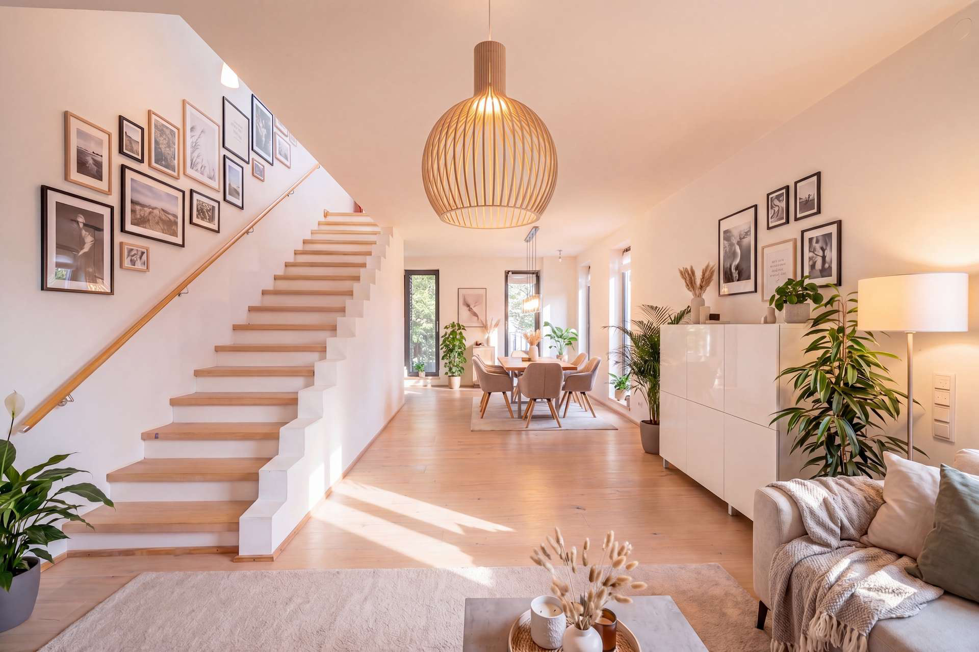 Offener Wohn- und Essbereich mit Treppe